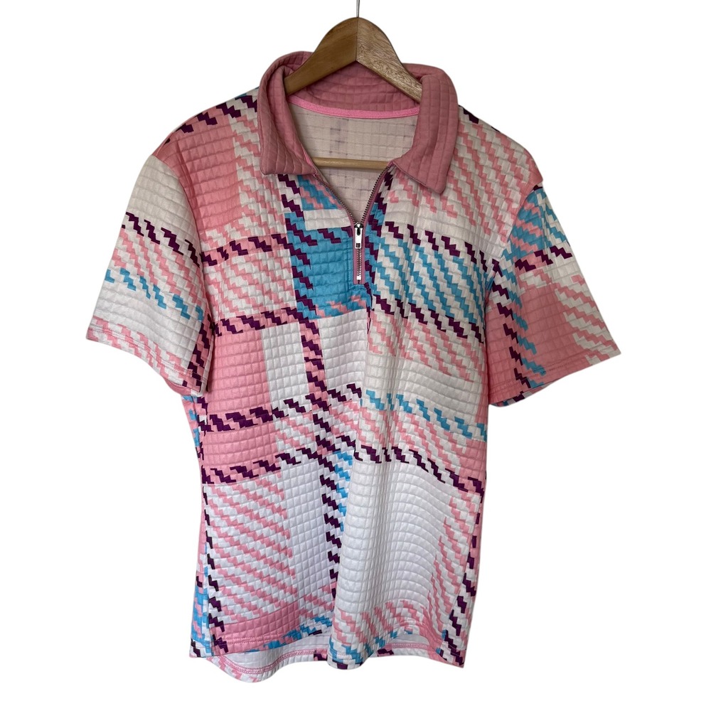 Manfinity Polo‎ Shirt Mens Small Pink Plaid Quilted Quarter Zip Excellent